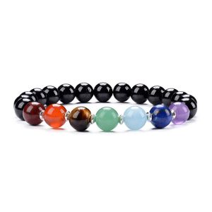 Natural Black Onyx and Chakra Bracelet- with Merkabah Charm, 8mm - Chakra Balancing Bracelet