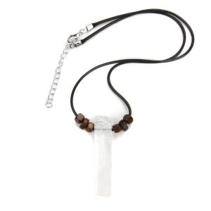 Clear Quartz Square Carved Pendant with Natural Wood Beads