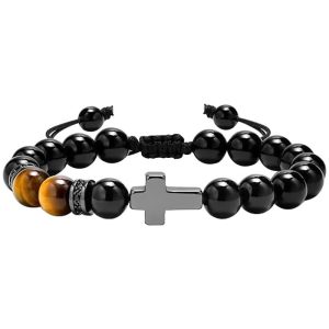 Cross Tiger’s Eye and Black Obsidian Protection Bracelet