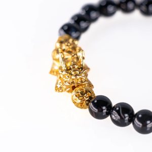Natural Black Onyx Gemstone Bracelet, 8mm - with Gold Tiger Charm