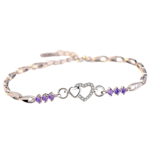 Double Heart Link Bracelet with Purple Crystals – Silver-Tone Jewelry