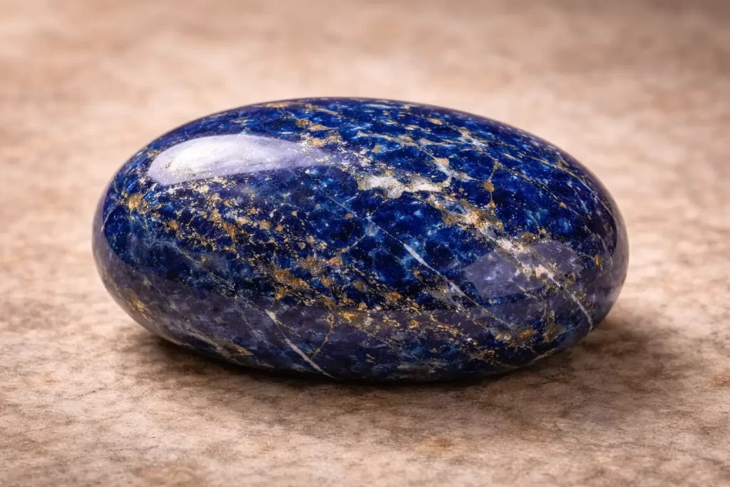 A smooth, polished lapis lazuli pebble with natural blue and gold patterns on a light brown background.
