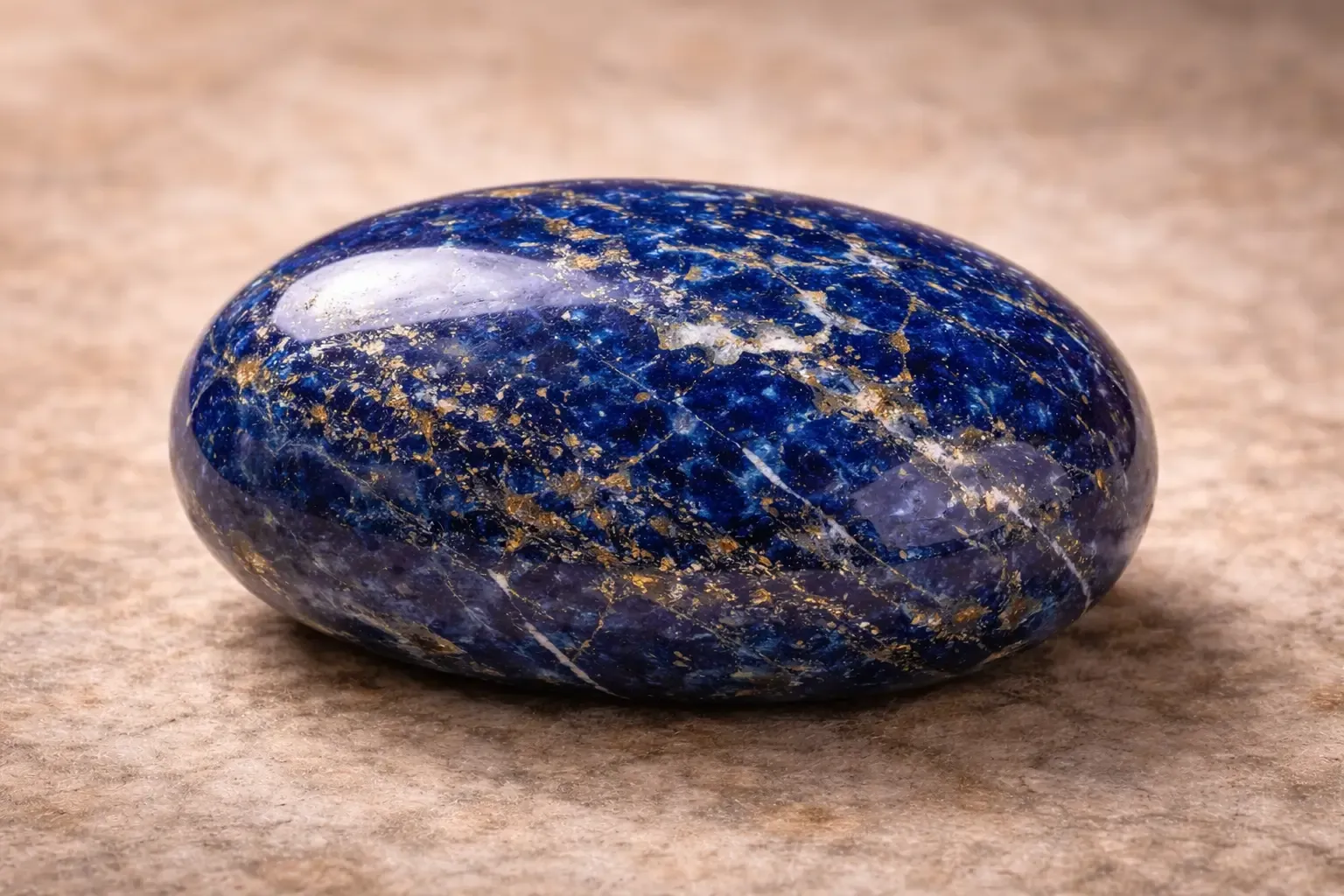 A smooth, polished lapis lazuli pebble with natural blue and gold patterns on a light brown background.